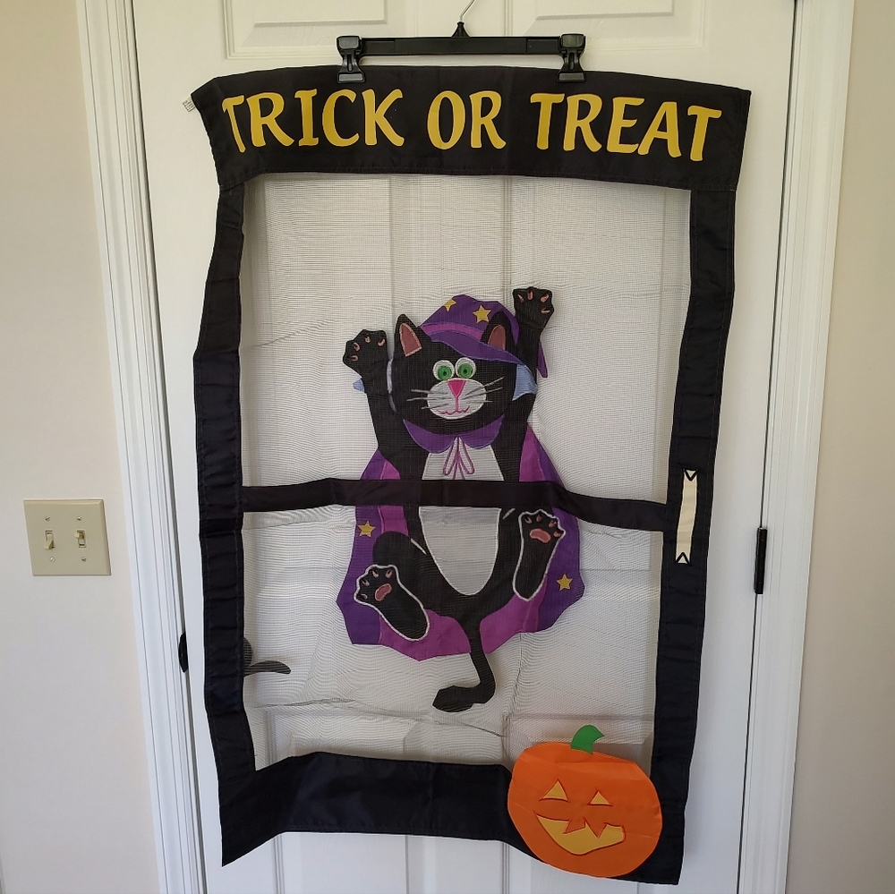 Halloween Black Cat Hanging On A Screen Flag Two-Sided Trick Or Treat